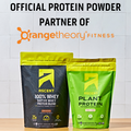 consumer packaging of chocolate protein powder and vegan protein powder with a text overlay advising official protein powder partner of orange theory fitness