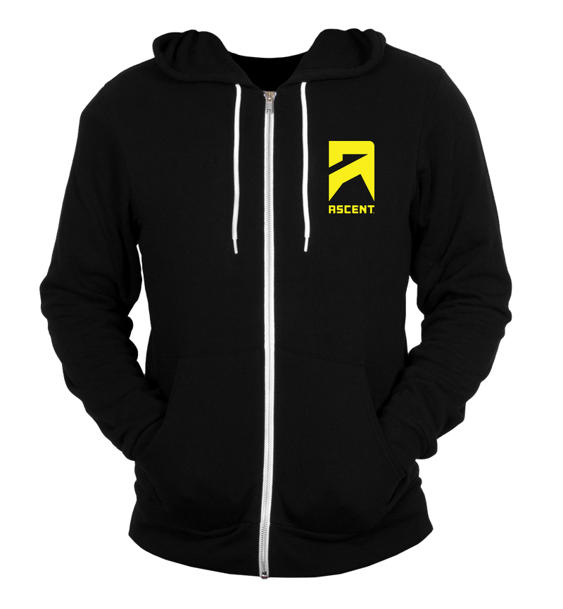 black hoodie with ascent protein logo in yellow