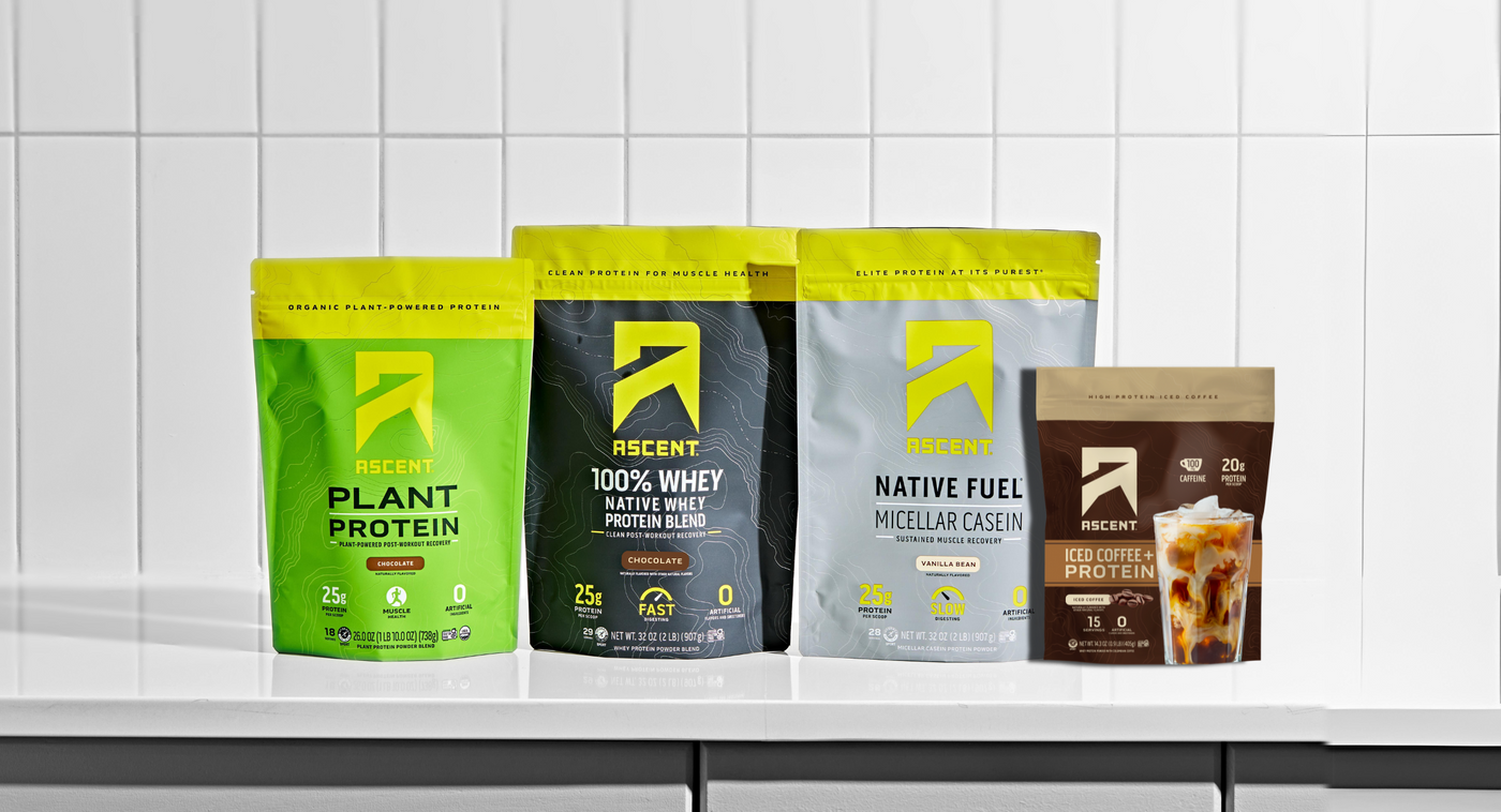 consumer packaging for chocolate protein powder, vegan chocolate protein powder, micellar casein vanilla protein powder and iced coffee protein powder