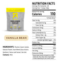 Nutrition facts label for a protein product with a vanilla bean flavor, including serving size, calories, and ingredients.