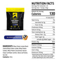 ASCENT Blueberry Muffin flavor whey protein isolate pouch shown with a nutrition facts panel, and an ingredients list on a white background.