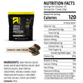 A bag of Regent 100% Whey Protein in Cookies and Cream flavor shown next to a Nutrition Facts label and an illustration of Oreo cookies. The label details calories, fat, protein, and other nutrients, with ingredients listed below.