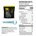 A product information graphic for Recent Nutrition's Whey Protein Isolate. It features a black pouch of the unflavored protein powder on the left, a glass of milk on a blue 'UNFLAVORED' banner, and a detailed nutrition facts label on the right showing 120 calories per serving.