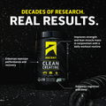 Ascent Clean Creatine supplement container with text about research and results on a dark background