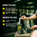 Person mixing Ascent Clean Creatine into a drink with text on how to use and when to use it.