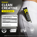 Ascent Clean Creatine supplement stick pack with supplement facts label and certification logos on a dark background.