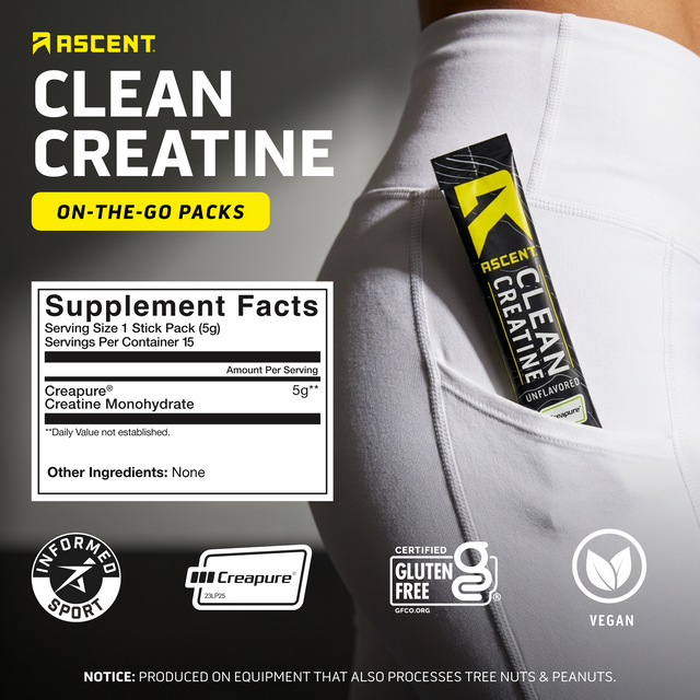 Ascent Clean Creatine supplement stick pack with supplement facts label and certification logos on a dark background.