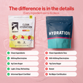 A promotional comparison graphic for two hydration pouches on a pink textured background. On the left is a white Ascent Clean Hydration electrolyte pouch with fruit graphics; on the right is a dark blue and teal stand-up pouch with large white 'HYDRATION' text.