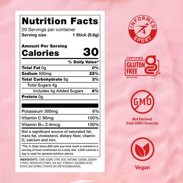 A Nutrition Facts label for a stick of Ascent's Strawberry Lemonade Clean Hydration on a pink background with certification badges including Informed Sport, Certified Gluten Free, non-GMO, and Vegan.