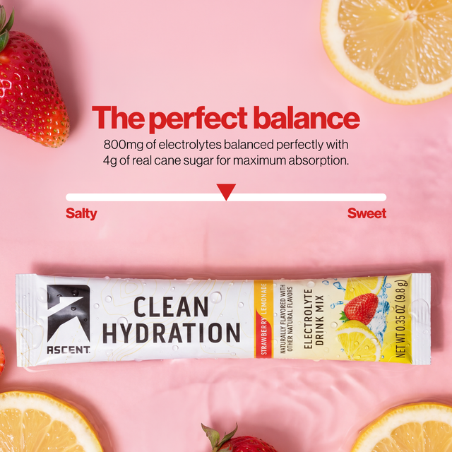 A stick of ASCENT Clean Hydration electrolyte drink mix is centered on a pink background with strawberries, lemon slices, and marketing text about electrolyte and sugar content.