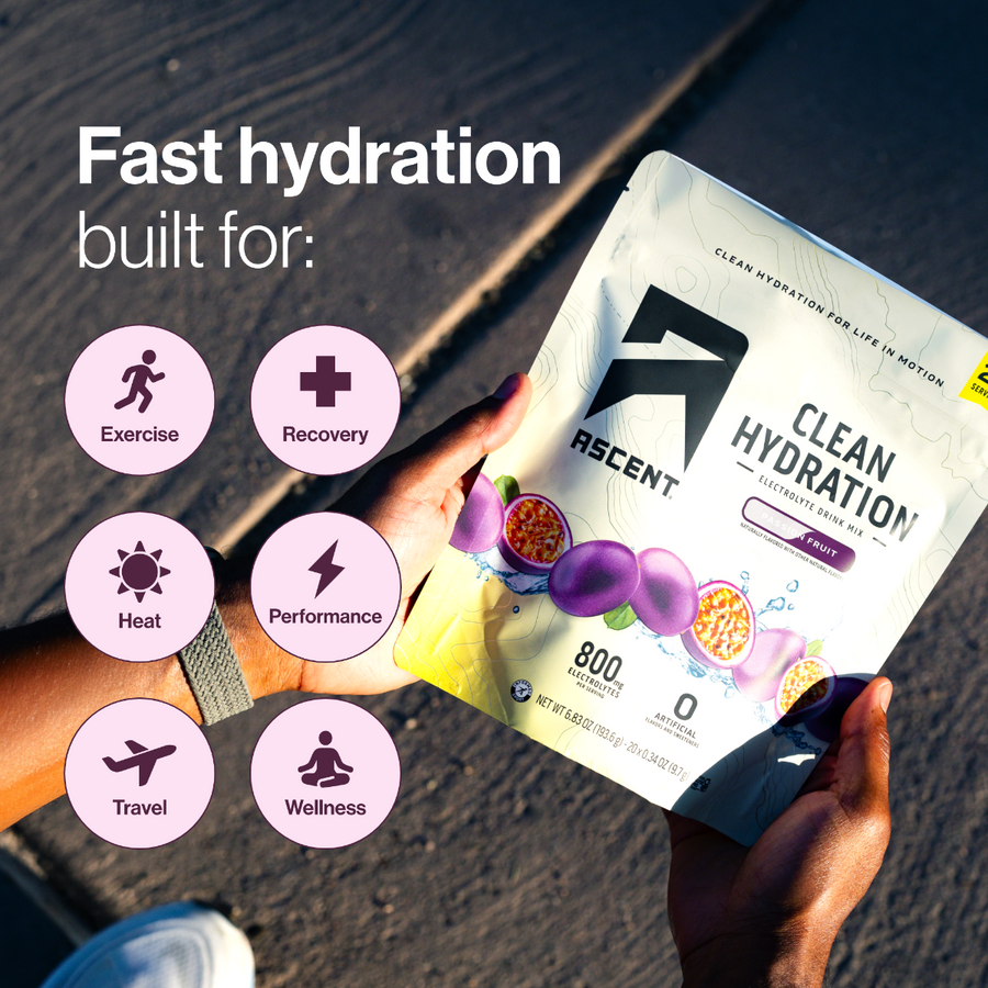A person outdoors holds a pouch of Ascent Clean Hydration passion fruit flavor. The image includes marketing text reading 'Fast hydration built for:' and six pink circular icons for Exercise, Recovery, Heat, Performance, Travel, and Wellness.