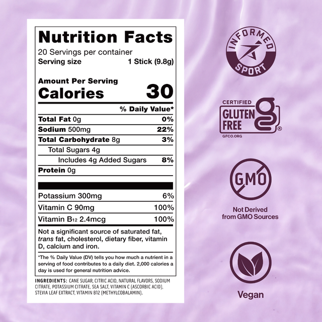 A Nutrition Facts label for a single serving of Ascent's Passionfruit Clean Hydration is shown on a lavender satin background with certification badges for Informed Sport, Certified Gluten Free, non-GMO, and Vegan.