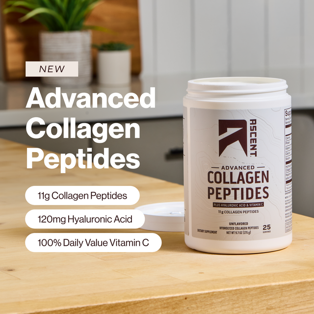 A white tub of ASCENT Advanced Collagen Peptides sits on a wooden countertop in a kitchen setting, with a small white lid placed beside it. Large promotional text on the left reads 'NEW Advanced Collagen Peptides' with feature callouts including 11g collagen peptides, 120mg hyaluronic acid, and 100% daily value vitamin C.