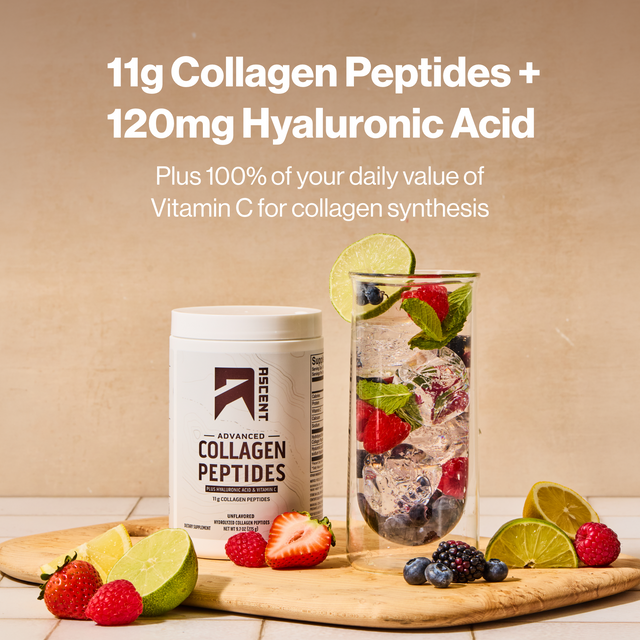 A white tub of Ascent Advanced Collagen Peptides stands on a wooden board next to a tall glass of iced drink with strawberries, limes, and mint. Text above reads: '11g Collagen Peptides + 120mg Hyaluronic Acid Plus 100% of your daily value of Vitamin C for collagen synthesis'.