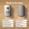 A promotional comparison graphic on a wood background showing two supplement containers: a white canister labeled Ascent Advanced Collagen Peptides and a gray canister labeled Regular Collagen Peptide Powder. Text above reads 'Made to do more,' with feature callouts below each container.