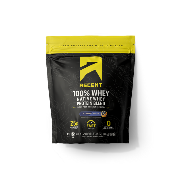Ascent 100% Whey Protein Blend in Blueberry Muffin flavor package on a transparent background featured_image