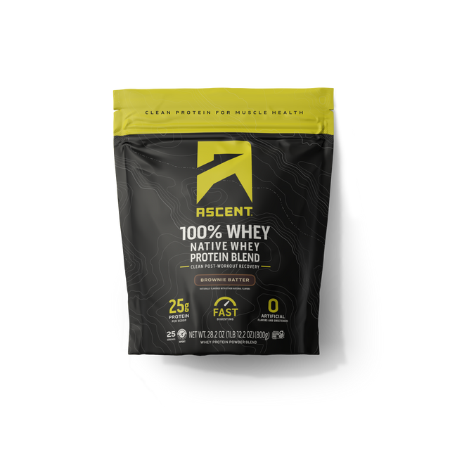 Ascent 100% Whey Protein Blend package on a white background