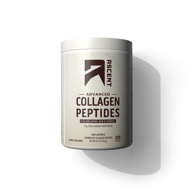 A white plastic tub of Ascent Collagen Peptides on a clean white background. 
featured_image