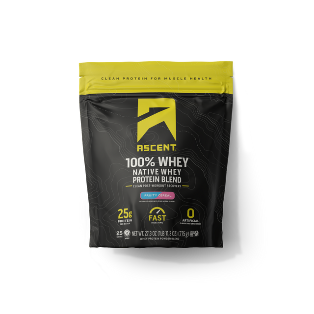 Ascent 100% Whey Protein Blend package on a white background
