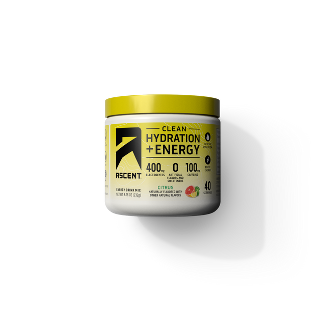 Jar of Clean Hydration + Energy powder on a transparent background