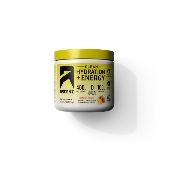 A jar of Orange Mango Clean Hydration + Energy on a transparent background.