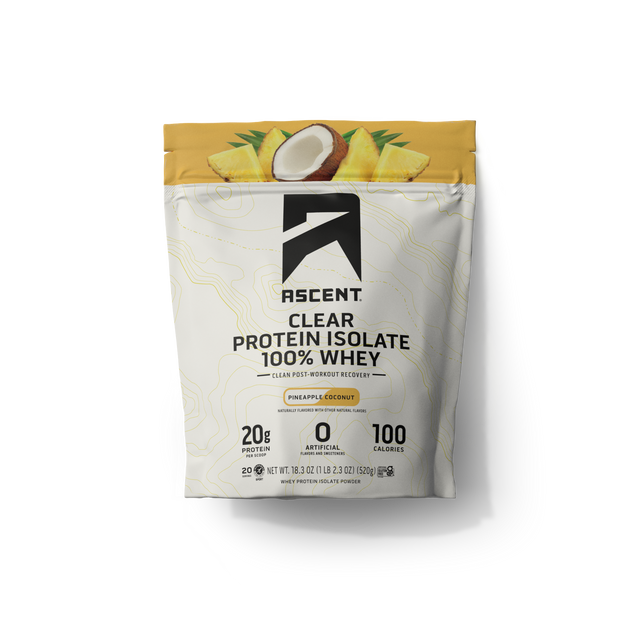 Ascent Clear Protein Isolate 100% Whey package on a transparent background