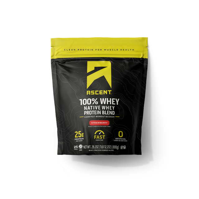 Ascent strawberry protein powder package on a transparent background