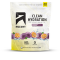 A stand-up pouch of Ascent Clean Hydration Passion Fruit electrolyte drink mix, featuring a white and yellow design with purple passion fruit illustrations, on a white background. featured_image