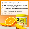 clean hydration plus energy orange mango flavor informational copy reading 400 milligrams of electrolytes to hydrate. 100 milligrams of caffeine from coffeeberry to boost energy and enhance focus. Two grams added sugar to increase electrolyte absorption. Zero artificial flavors or sweeteners. hydrates better than water.