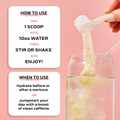 instructional message advising how to use the hydration and caffeine protein powders.  Mix one scoop into ten ounces water then stir or shake and enjoy. When to use, hydrate before or after workout or jumpstart your day with a boost of clean caffeine
