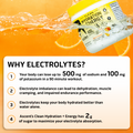 clean hydration energy insert reading why electrolytes. one, your body can lose up to 500miligrams of sodium and 100 milligrams of potassium in a 90 minute workout. Two, Electrolyte imbalance can lead to dehydration, muscle cramping and impared endurace performance. Three, electrolytes keep your body hydrated better than water alone and four, Ascents clean hydration plus energy has 2 grams of sugar to maximize your electrolyte absorption