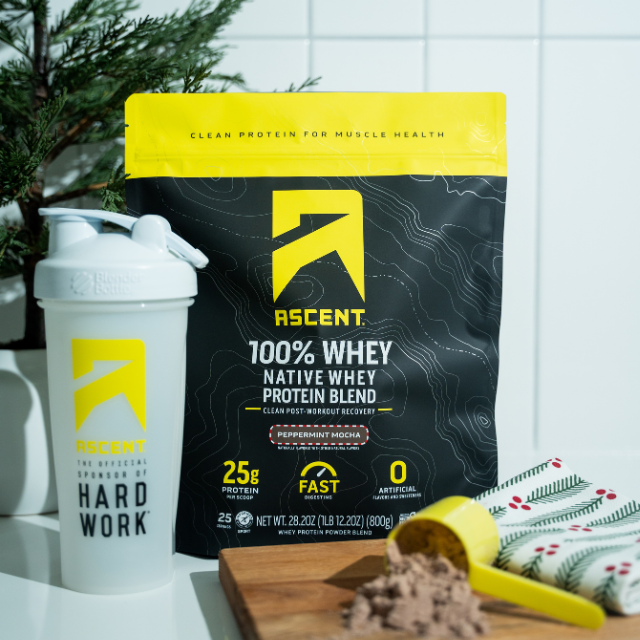 1 pound bag of peppermint mocha protein powder sitting next to a white ice shaker bottle with ascent protein branding 