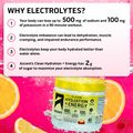 clean hydration energy insert reading why electrolytes. one, your body can lose up to 500 milligrams of sodium and 100 milligrams of potassium in a 90 minute workout. Two, Electrolyte imbalance can lead to dehydration, muscle cramping and impared endurace performance. Three, electrolytes keep your body hydrated better than water alone and four, Ascents clean hydration plus energy has 2 grams of sugar to maximize your electrolyte absorption