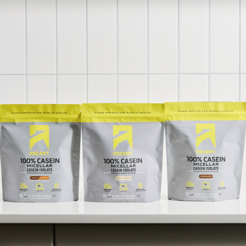 casein protein powder in vanilla, chocolate and chocolate peanut butter in a 2lb bag