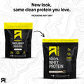 Two black protein powder bags shown on a white topographic background with headline text reading 'New look, same clean protein you love.' The left bag shows ASCENT branding and flavor text, and the right bag shows a newer RECENT branding version with a yellow band and similar product copy.