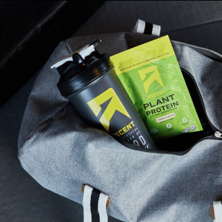 protein powder samples and blender bottle in a gym bag