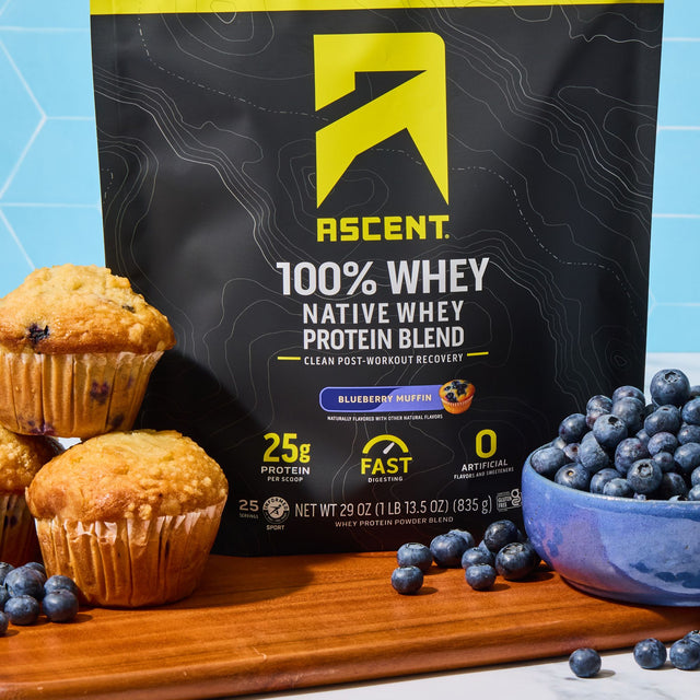 A bag of Ascent 100% Whey Native Whey Protein Blend in Blueberry Muffin flavor, styled on a wooden board with blueberries and muffins against a light blue background. split_row_banner_2