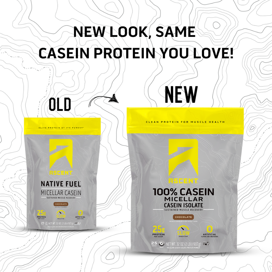 An image of the new packaging transition for Ascent Casein Protein Powder.  new look, same casein protein you love! 