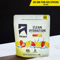 A stand-up pouch of Ascent Clean Hydration electrolyte drink mix in strawberry lemonade flavor, shown on a white surface against a black background. A yellow banner at the top reads '20 ON-THE-GO STICKS PER BAG'.