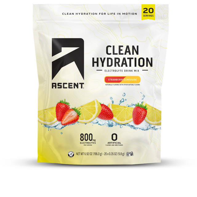 A stand-up pouch of Ascent Clean Hydration Electrolyte Drink Mix in strawberry lemonade flavor, shown on a clean white background. The packaging is primarily white with a yellow lower section, featuring illustrations of strawberries and lemon slices, and black text. featured_image