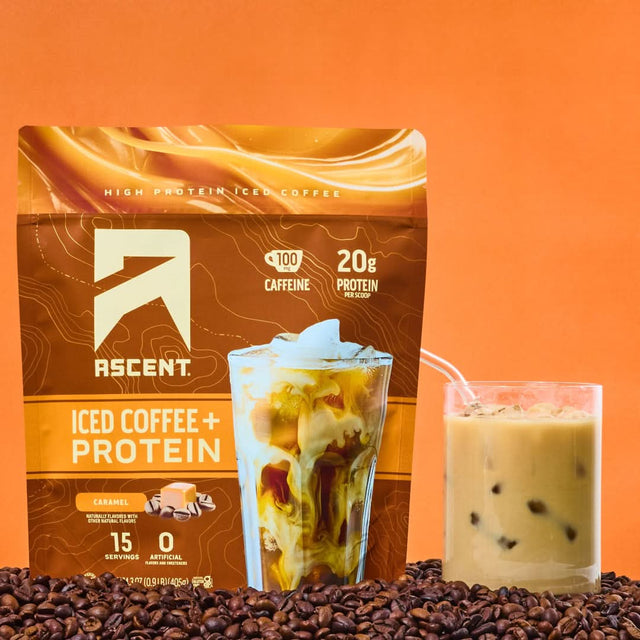 Ascent iced coffee and protein package with a glass of iced coffee on an orange background