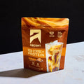 caramel iced coffee plus protein powder in a fifteen serving size bag