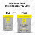 Comparison of old and new protein package designs with 'Rescent' brand on a white background.