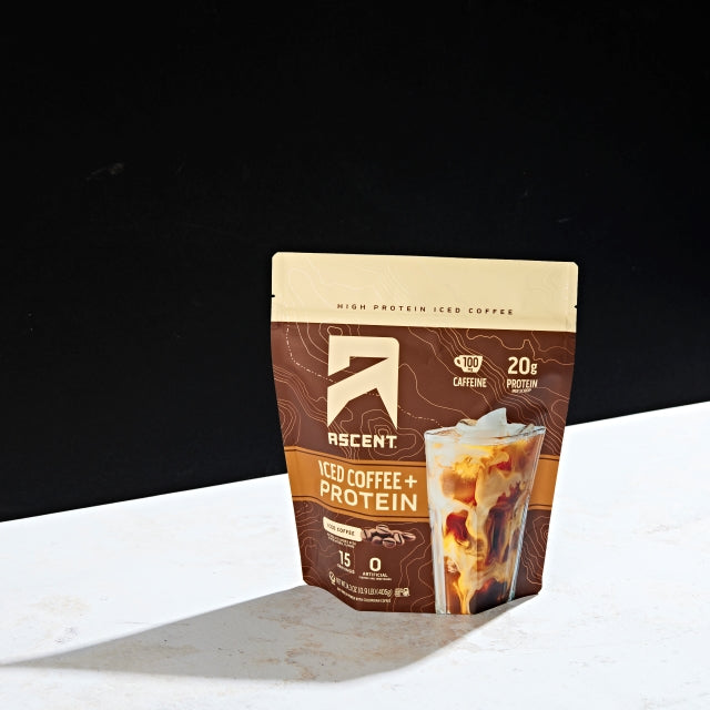 iced coffee plus protein powder in a fifteen serving size bag