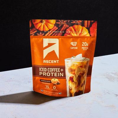 Pumpkin Spice iced coffee plus protein powder in a fifteen serving size bag