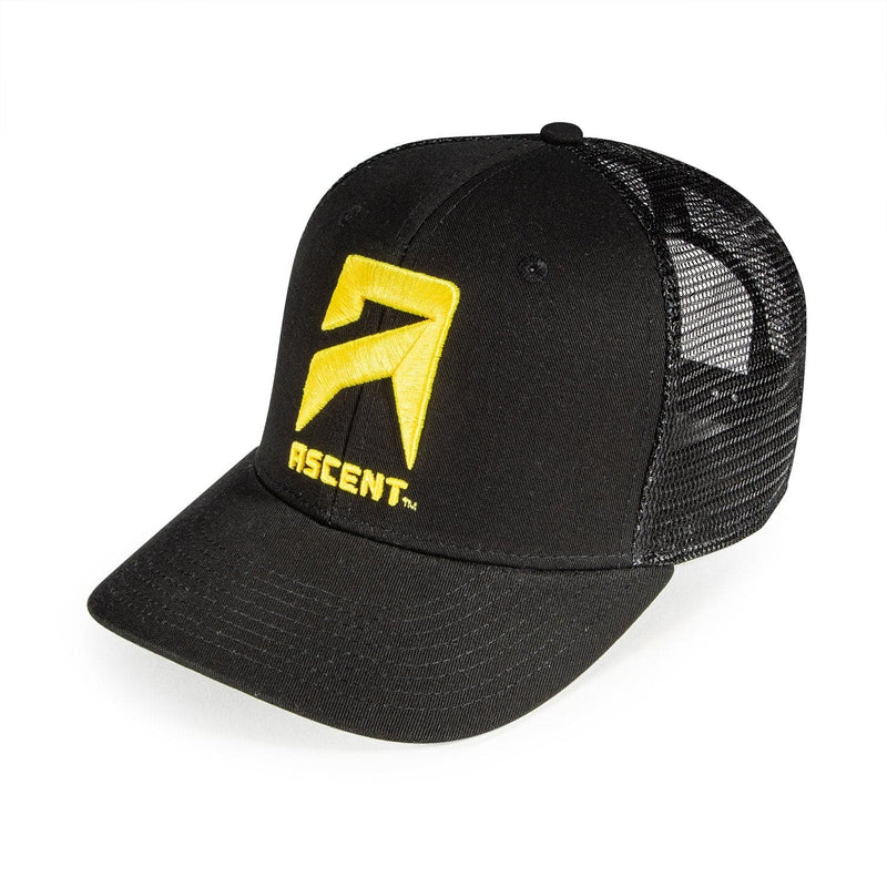 ascent protein powder trucker hat in black with yellow logo