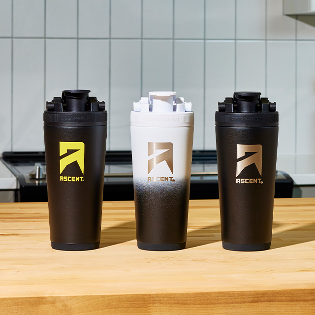 ascent protein powder shaker bottle in black and black white ombre