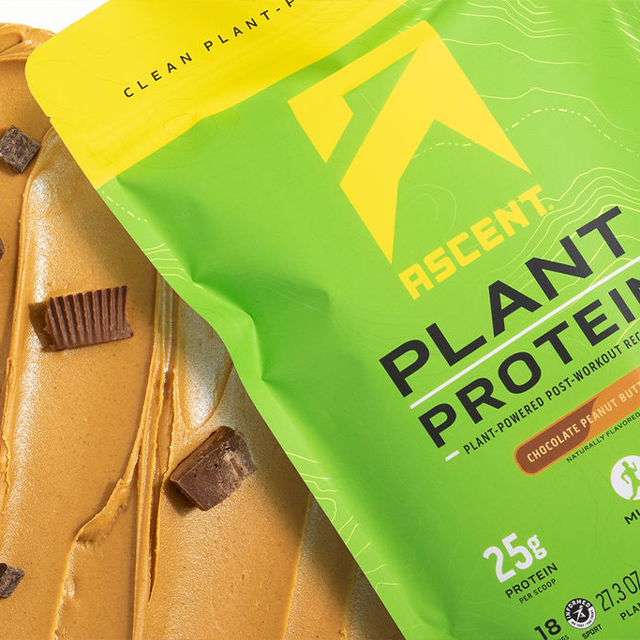 close up image of plant based vegan protein powder in chocolate peanut butter in a 1lb bag