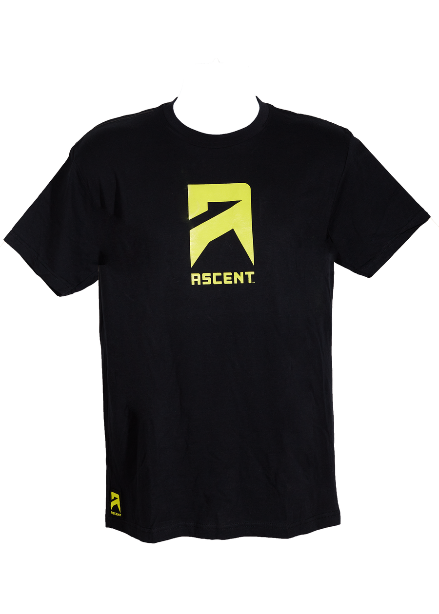 A black men's t-shirt with the Ascent logo in yellow on the front.