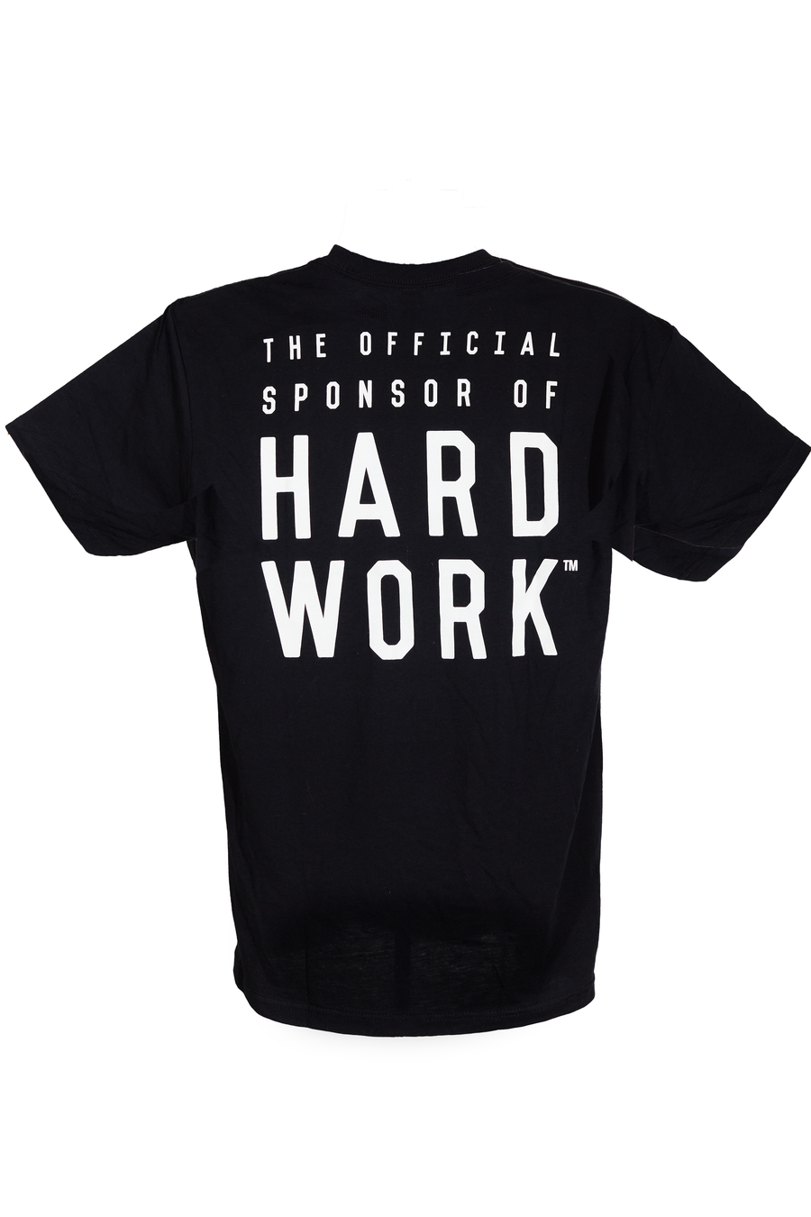 A black men's t-shirt with the white lettering on the back saying the official sponsor of hard work.
